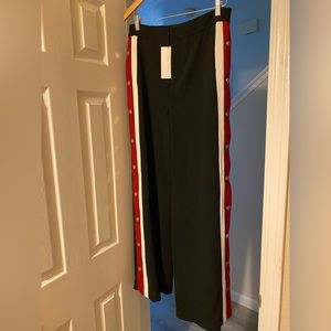 NWT black trousers w/red & ivory side stripes and gold snaps